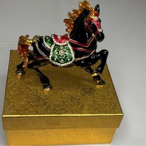 Decorative Black Horse Figurine with Gold Accents  and Jewelry box